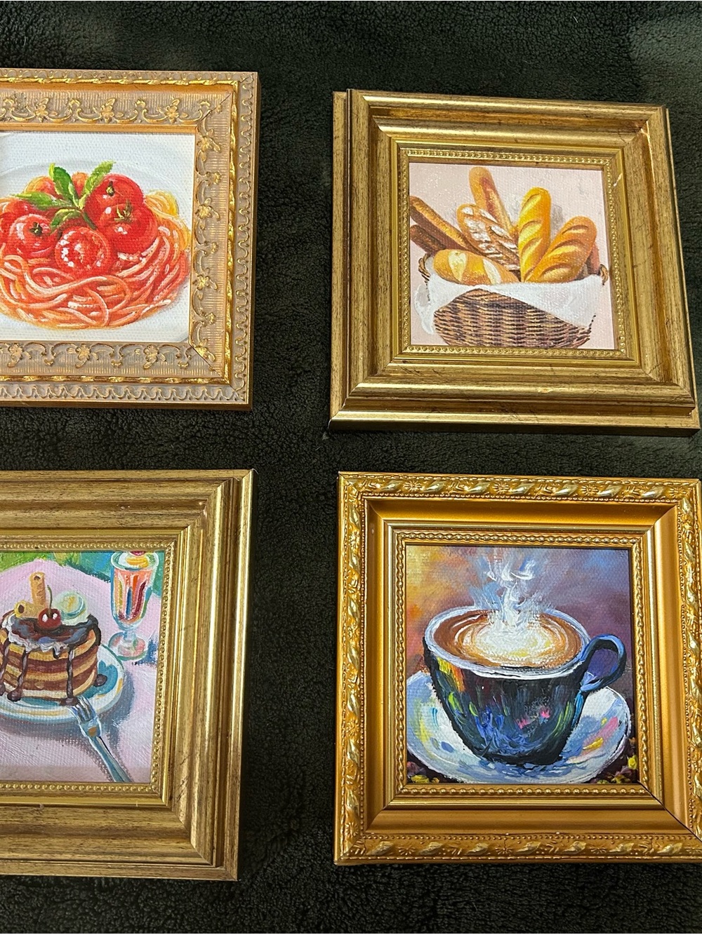 Set of 4 Mini Framed original Food Art Prints - Gold Frames